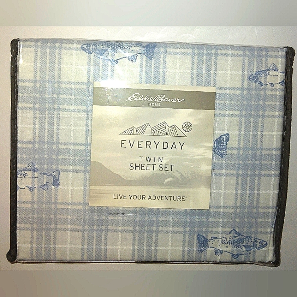 L@@K! Unique.. NWT Twin Percale Cotton EDDIE BAUER Blue Fish/Plaid Sheet Set